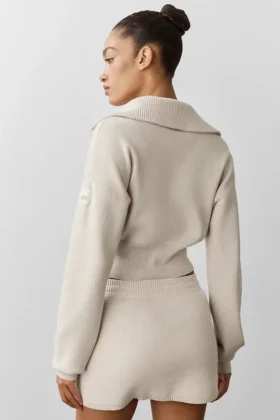 Giacca corta in maglia Scholar con zip integrale – Avena melange