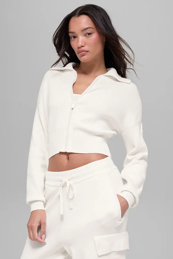 Giacca corta in maglia Scholar con zip integrale - Avorio