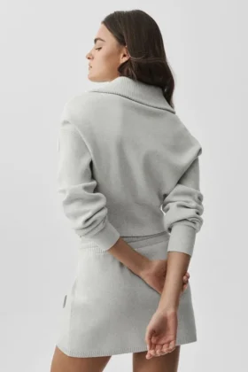Giacca corta in maglia Scholar con zip integrale – Bianco melange