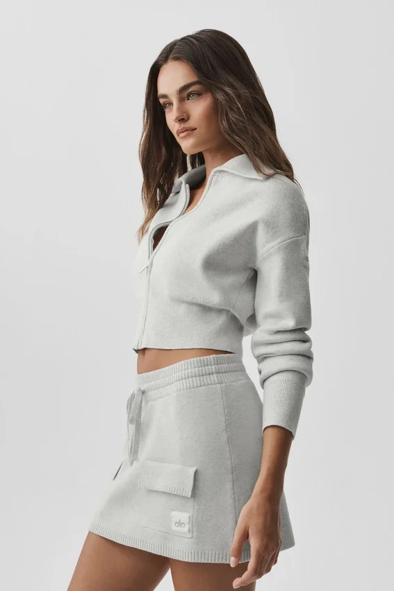 Giacca corta in maglia Scholar con zip integrale - Bianco melange