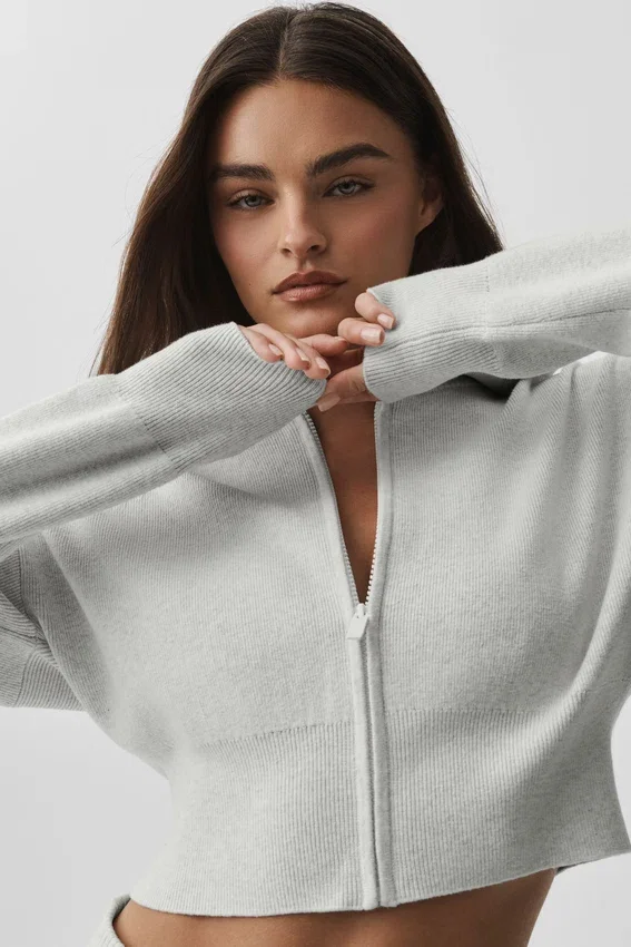 Giacca corta in maglia Scholar con zip integrale - Bianco melange