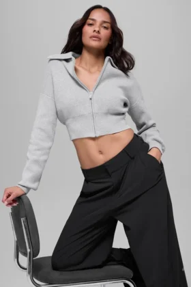 Giacca corta in maglia Scholar con zip integrale - Grigio melange sportivo