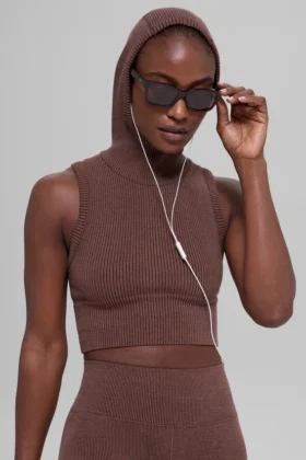Gilet con cappuccio a coste bicolore senza cuciture - Brownstone Heather