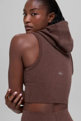 Gilet con cappuccio a coste bicolore senza cuciture – Brownstone Heather