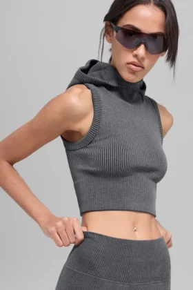 Gilet con cappuccio a costine bicolore senza cuciture - Grigio nebbia scuro melange
