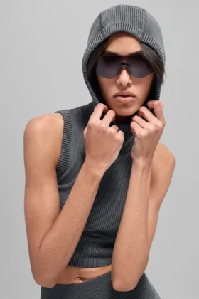 Gilet con cappuccio a costine bicolore senza cuciture – Grigio nebbia scuro melange