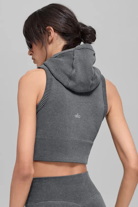 Gilet con cappuccio a costine bicolore senza cuciture - Grigio nebbia scuro melange