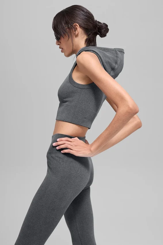 Gilet con cappuccio a costine bicolore senza cuciture - Grigio nebbia scuro melange