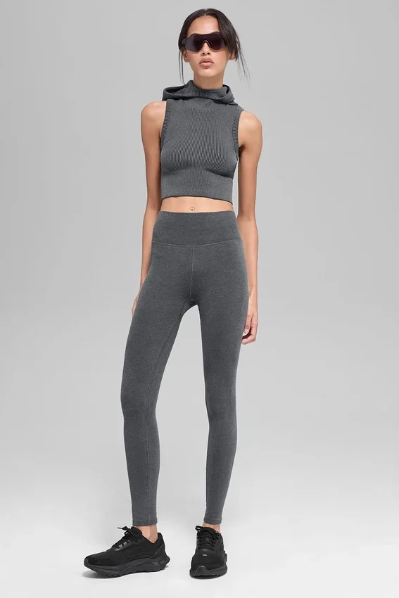 Gilet con cappuccio a costine bicolore senza cuciture - Grigio nebbia scuro melange