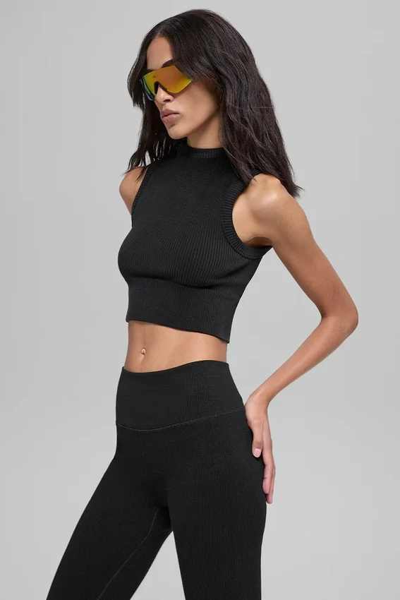 Gilet con cappuccio a costine bicolore senza cuciture - Nero