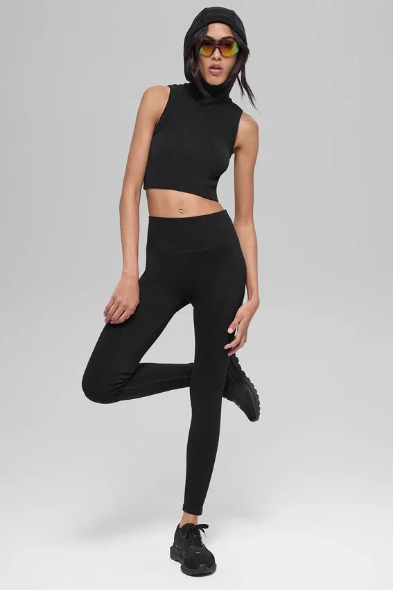 Gilet con cappuccio a costine bicolore senza cuciture - Nero