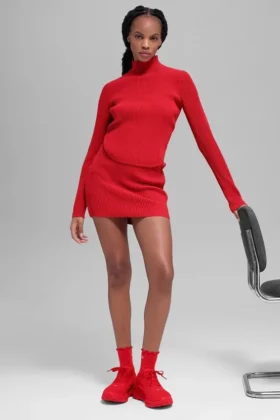 Gonna High-Waist in maglia denim - Rosso brillante