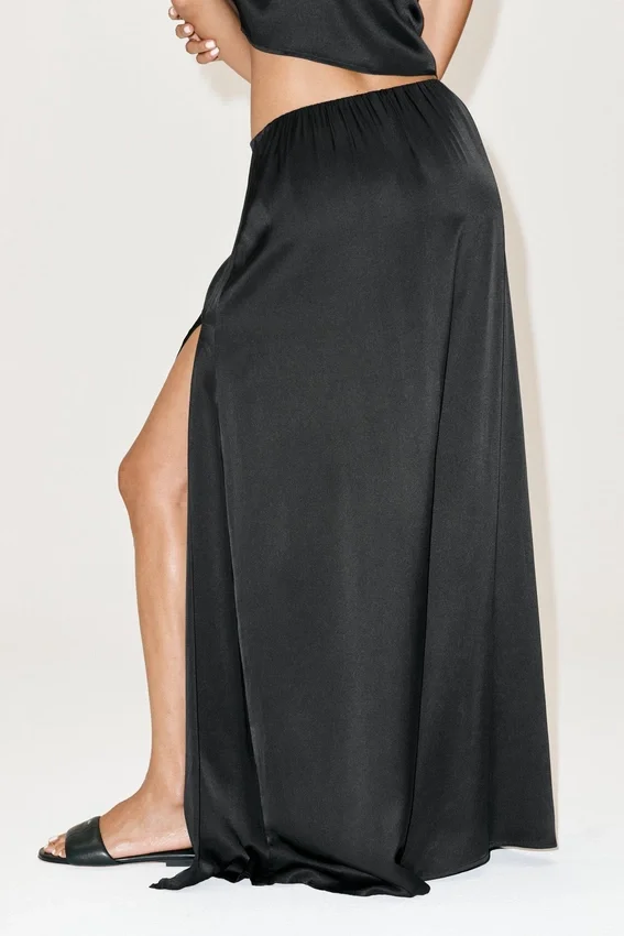 Gonna lunga a vita bassa Radiance in misto seta - Nero