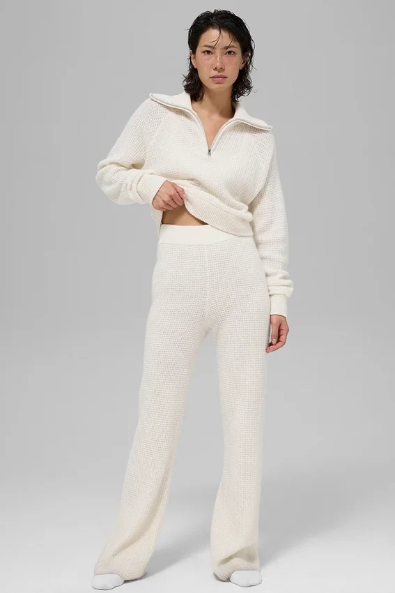 High-Waist Cashmere Waffle Plush Pant - Avorio
