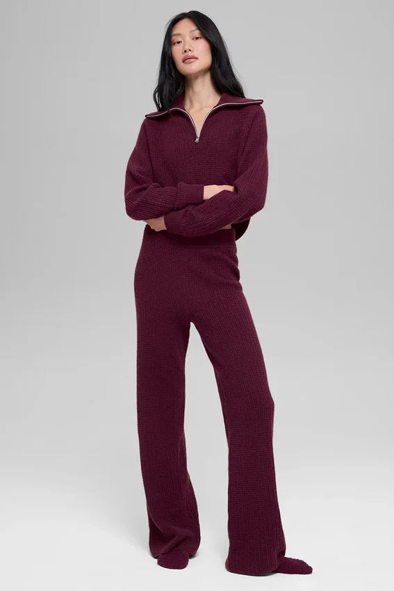 High-Waist Plush Waffle Pant - Borgogna