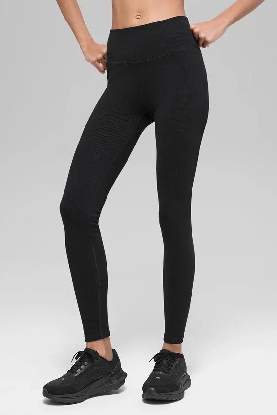 Leggings a costine bicolori senza cuciture High-Waist - Nero