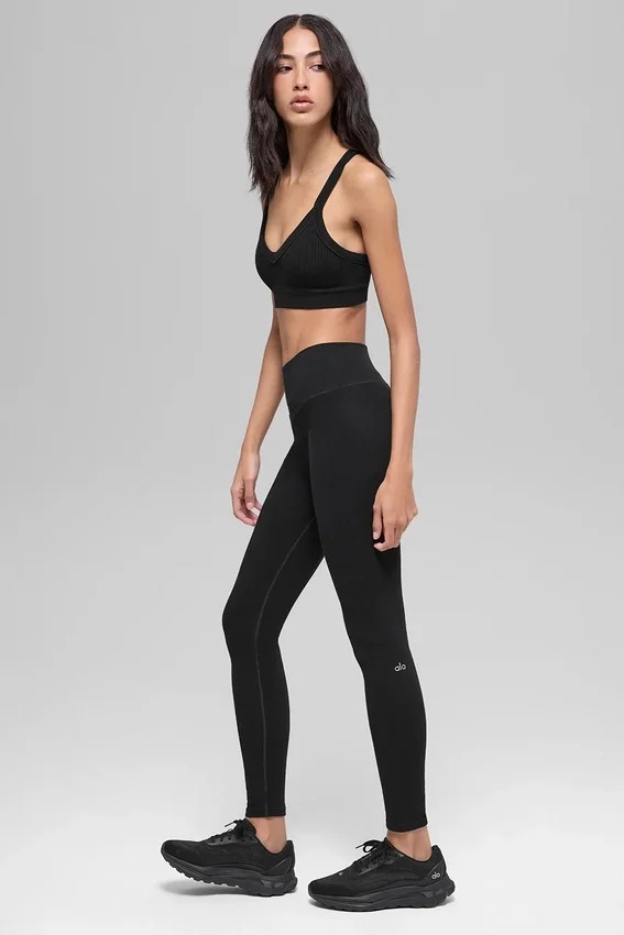 Leggings a costine bicolori senza cuciture High-Waist - Nero