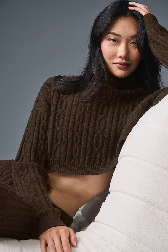 Maglia a collo alto corta Winter Bliss a maglia intrecciata con maniche lunghe - Espresso