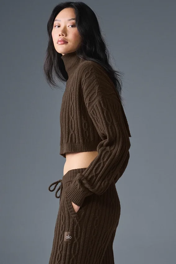 Maglia a collo alto corta Winter Bliss a maglia intrecciata con maniche lunghe - Espresso