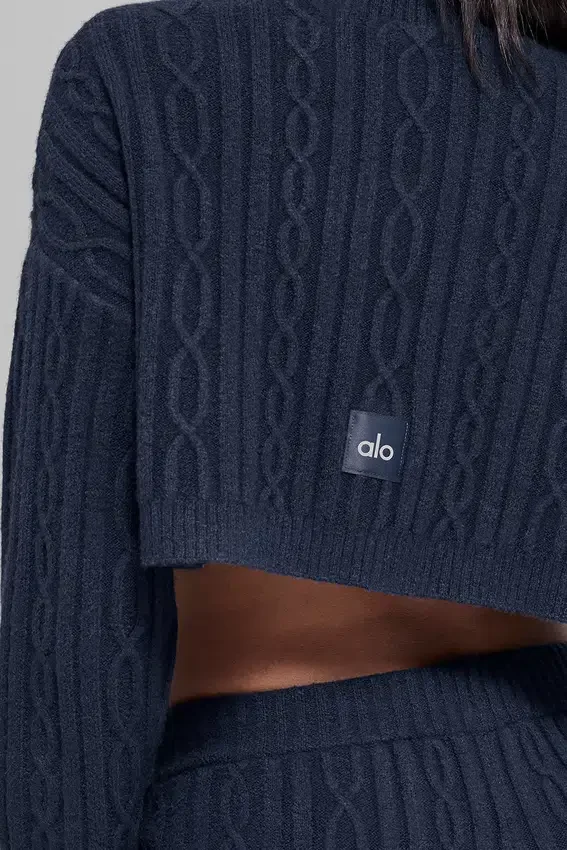 Maglia a collo alto corta Winter Bliss a maglia intrecciata con maniche lunghe - Navy