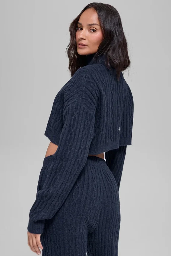 Maglia a collo alto corta Winter Bliss a maglia intrecciata con maniche lunghe - Navy