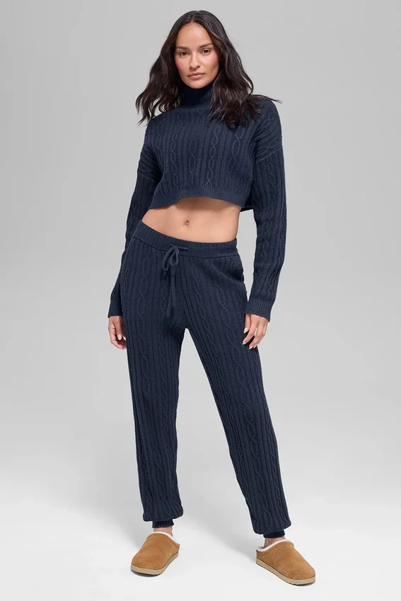 Maglia a collo alto corta Winter Bliss a maglia intrecciata con maniche lunghe - Navy