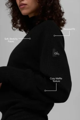 Maglia a maniche lunghe con collo alto Waffle Weekend Escape – Nero