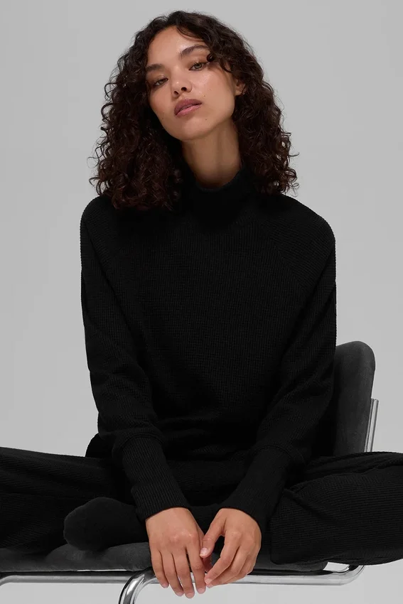 Maglia a maniche lunghe con collo alto Waffle Weekend Escape - Nero