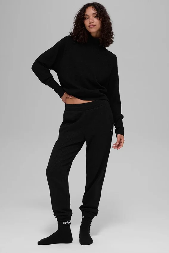 Maglia a maniche lunghe con collo alto Waffle Weekend Escape - Nero