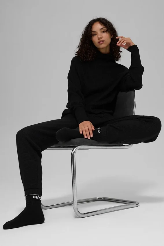 Maglia a maniche lunghe con collo alto Waffle Weekend Escape - Nero