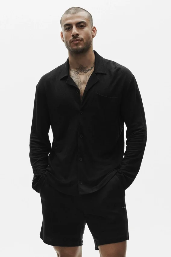 Maglia a maniche lunghe in jersey di lino Coastal con bottoni - Nero