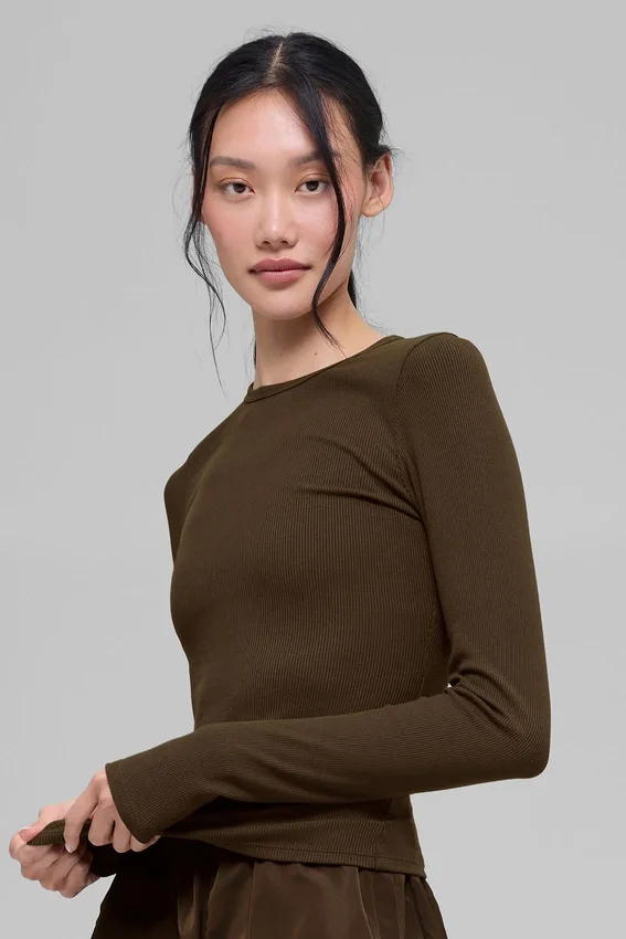 Maglia a maniche lunghe in modal a coste - Espresso