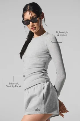 Maglia a maniche lunghe in modal a coste – Grigio melange atletico