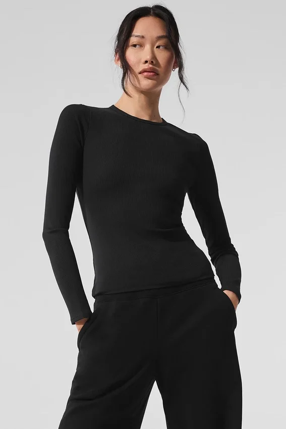 Maglia a maniche lunghe in modal a coste - Nero