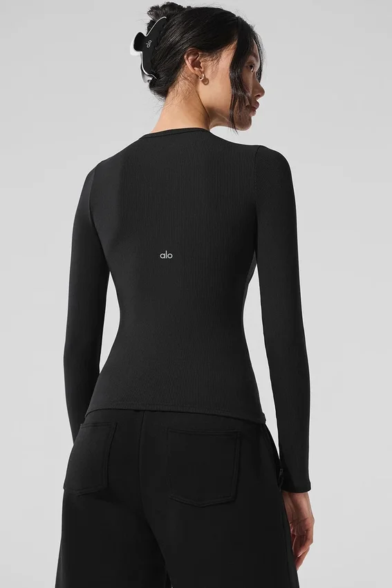 Maglia a maniche lunghe in modal a coste - Nero