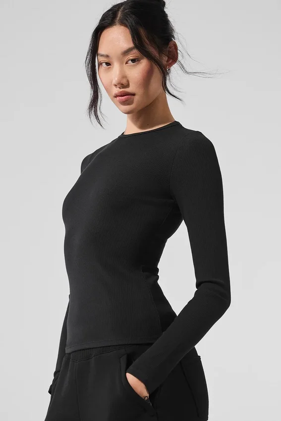 Maglia a maniche lunghe in modal a coste - Nero