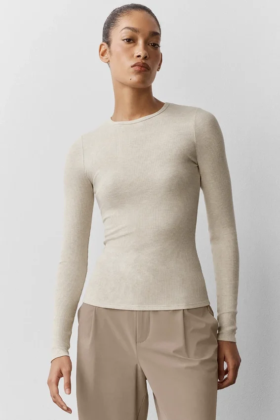 Maglia a maniche lunghe in modal a coste - Oatmeal Heather