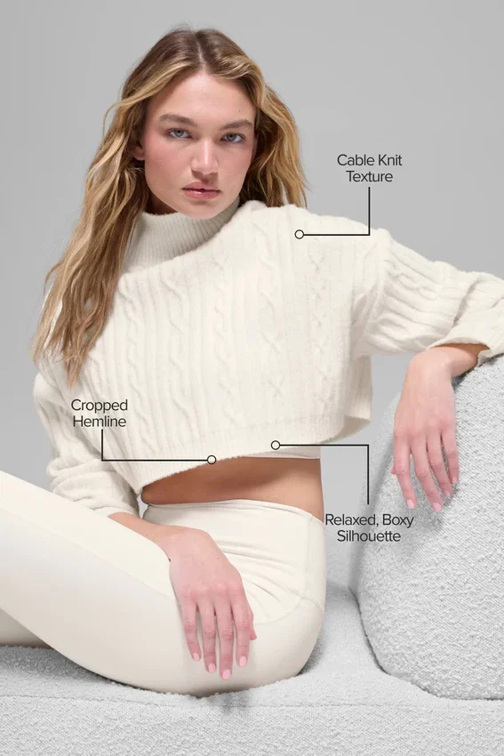 Maglia a trecce corta a collo alto Winter Bliss a maniche lunghe - Avorio
