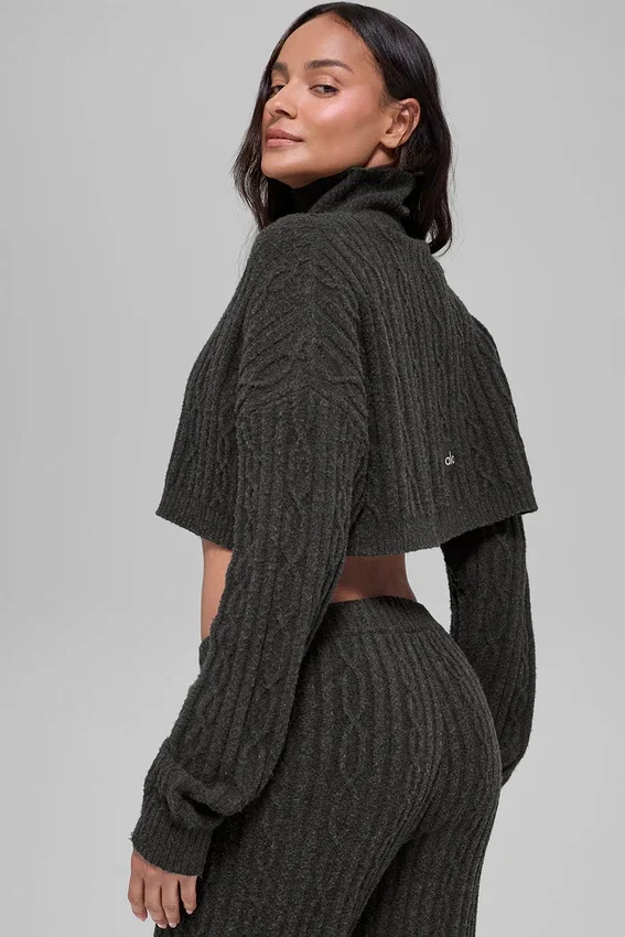 Maglia a trecce corta a collo alto Winter Bliss a maniche lunghe - Grigio scuro melange