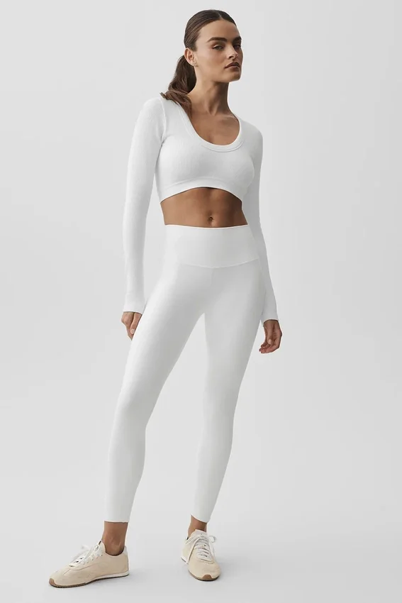 Maglia con maniche lunghe corta senza cuciture a costine "Serene" - Bianco