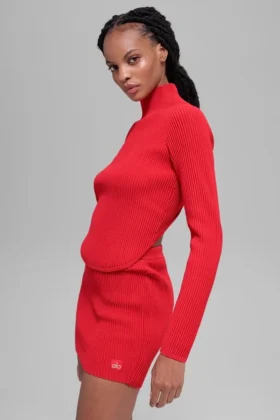 Maglia in denim a maniche lunghe senza schienale - Rosso brillante