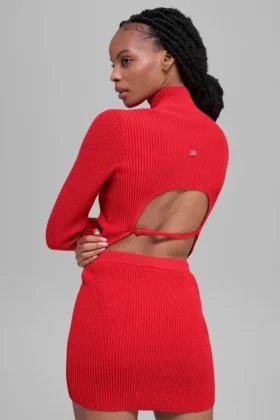 Maglia in denim a maniche lunghe senza schienale – Rosso brillante