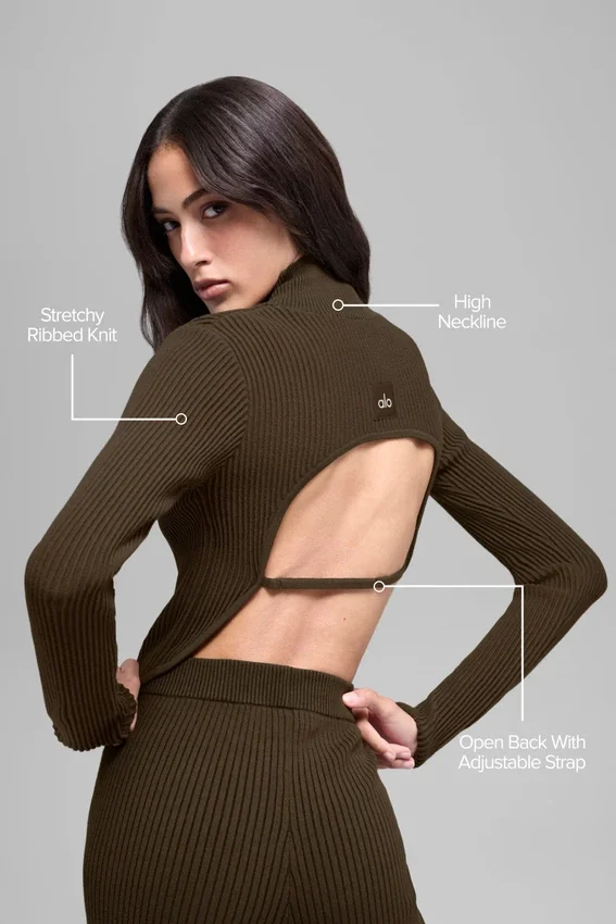 Maglia in stile denim con spalle scoperte e maniche lunghe - Espresso/Nero