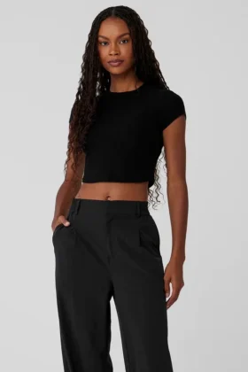 Maglietta a maniche corte cropped Sea Coast a costine - Nero