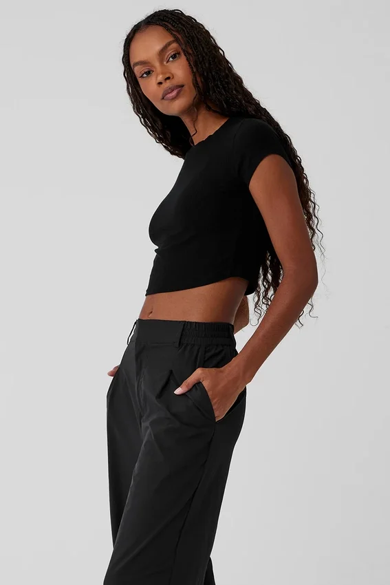 Maglietta a maniche corte cropped Sea Coast a costine - Nero
