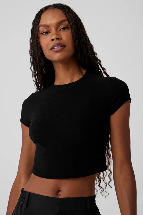 Maglietta a maniche corte cropped Sea Coast a costine - Nero