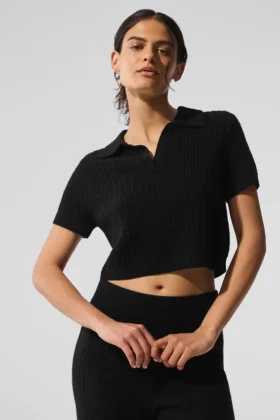 Maglietta polo in cashmere a trama waffle - Nero