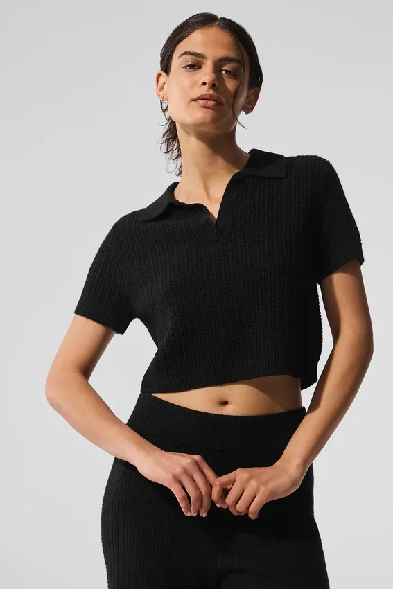 Maglietta polo in cashmere a trama waffle - Nero