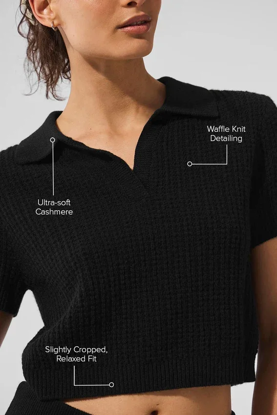 Maglietta polo in cashmere a trama waffle - Nero