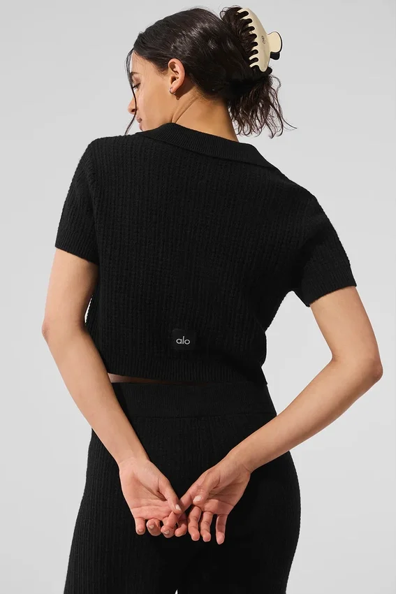 Maglietta polo in cashmere a trama waffle - Nero